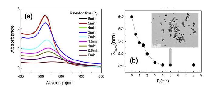 그림 3-3. (a) 그림 3-1의 마이크로파 조건하에 (유지 온도 ~95℃, Rr ~157.5℃ min-1)Na3Ct/HAuCl4 몰 비율(M)~5.68 (pH: 6.25) 일 때 UV-Vis 흡수 스펙트럼; (b)4분(Rt) 후에521nm에 도달. TEM 사진: Rt~5min후에 합성된 콜로이드 형태의 금나노입자