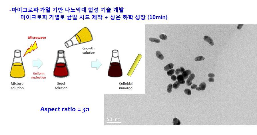 그림 3-9. 마이크로파 합성을 이용한 금 나노막대의 합성 과정 및 합성된 금 나노막대의 주사전자현미경 사진