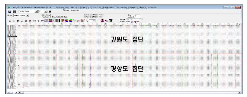 잔가시고기 강원도 집단과 경상도 집단 간 염기서열 변이 패턴