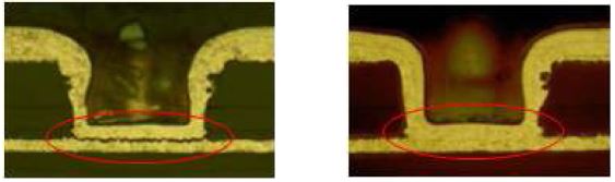 그림 90 Via Hole 의 이물에 의한 들뜸(좌)와 정상(우)사진