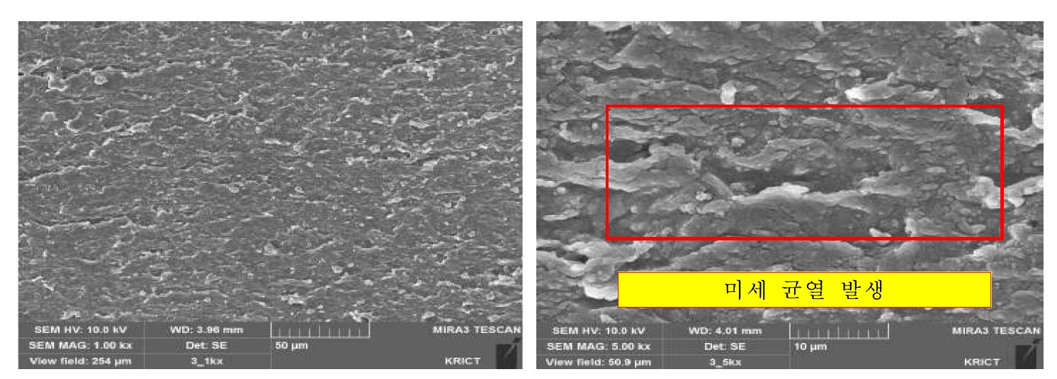 그림 69 시험 후 시료의 주사 전자현미경 관찰 결과(좌 : 1000배율, 우 : 5000 배율)