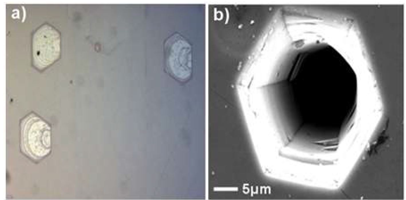 그림 4. Optical microscope image (a) and SEM image (b) of micropipe etched pit in 450℃ KOH for 20 minutes.