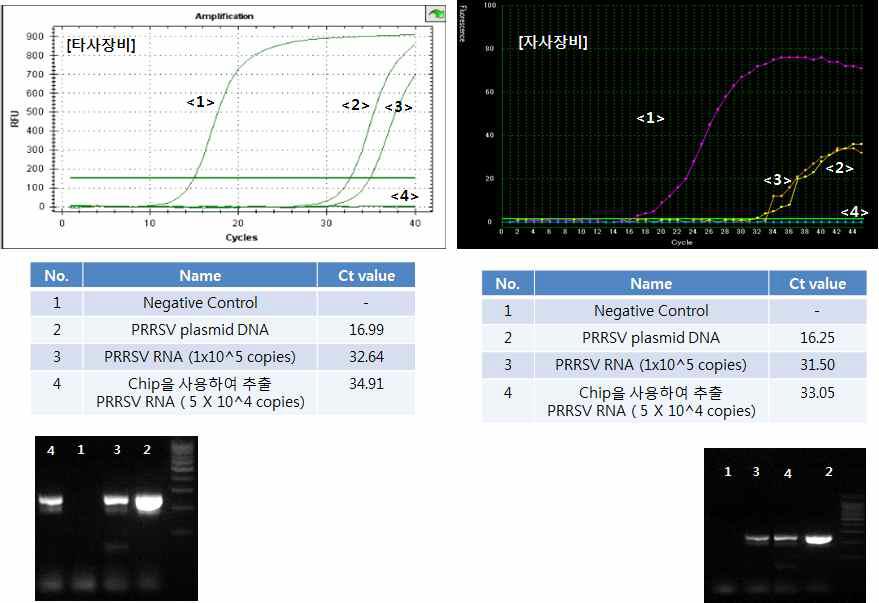 다중 유전자 분리용 샘플 전처리 칩에서 RNA prep 후 타사 및 자사 장비에서의 real-time PCR 및 전기영동 결과