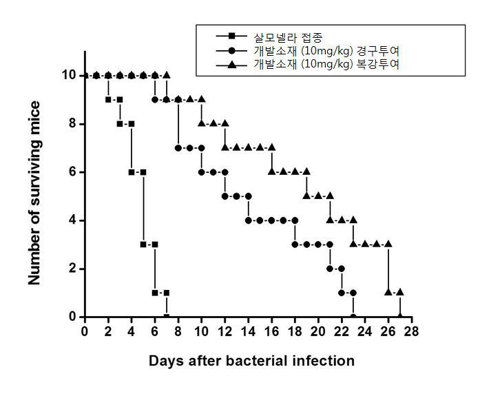 살모넬라 감염 동물모델에서 면역증강소재의 세균의 감염에 대한 사망율 개선 효과