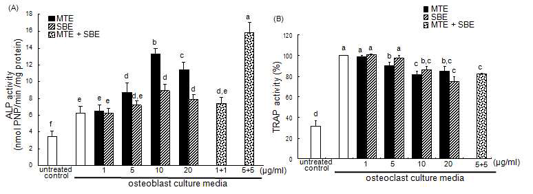 Effects of milk thistle extract (MTE), and soybean extract (SBE) on alkaline phosphatase (ALP) activity of osteoblasts and tartrate-resistant acid phosphatase (TRAP) activity of osteoclasts.