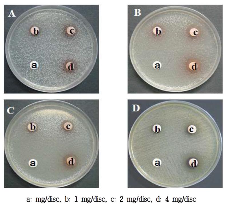 Antimicrobial activity of solvent fractions from Kaki Calyx CHCl3 layer on several microorganisms.