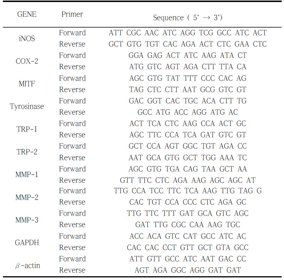 Sequence of the primers used for RT-PCR