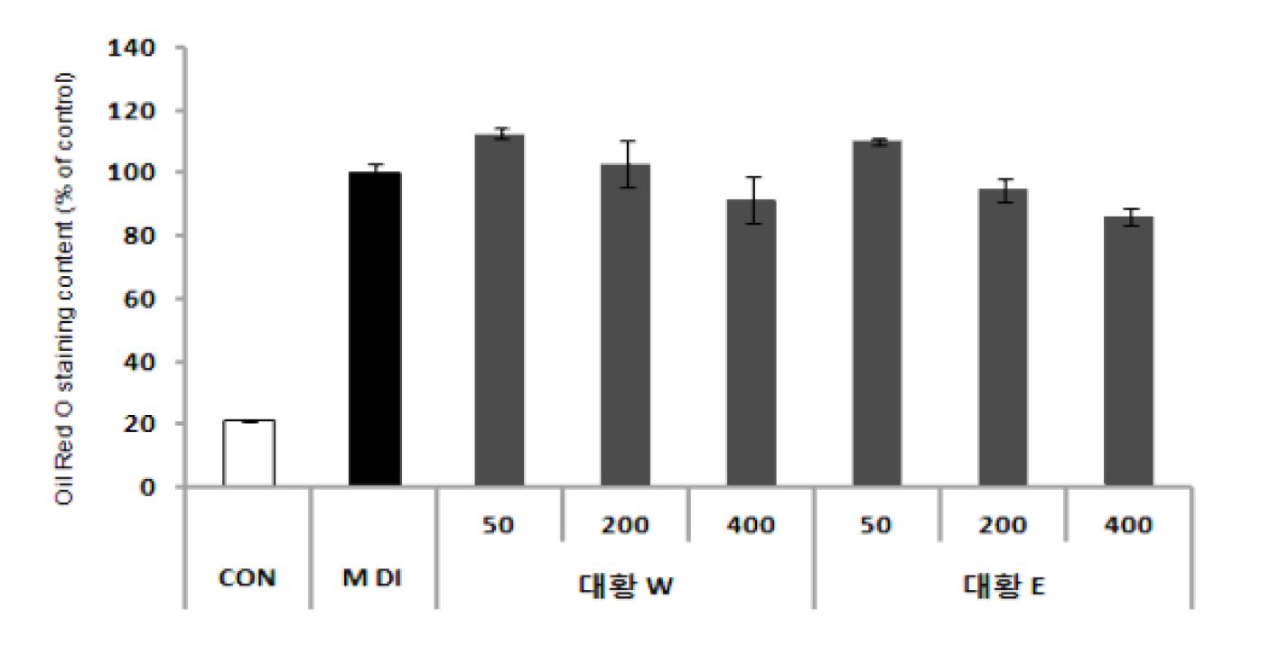 Fig. 3 대황 추출물의 항비만 효능( 대황 처리농도 : 50, 200, 400 μg/ml)