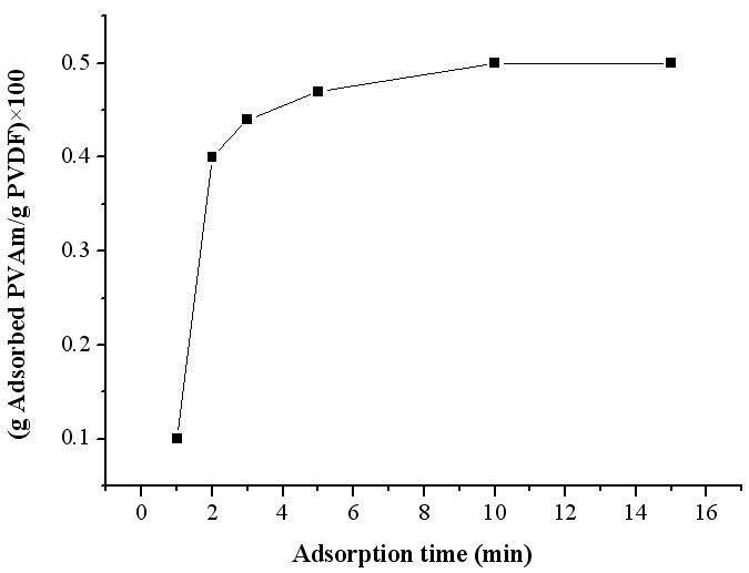 PVDF막에 대한 PVAm농도 1000ppm, IS=0.1 NaCl에서 PVSA의 흡착 전, 후 무게 변화와 흡착시간과의 관계