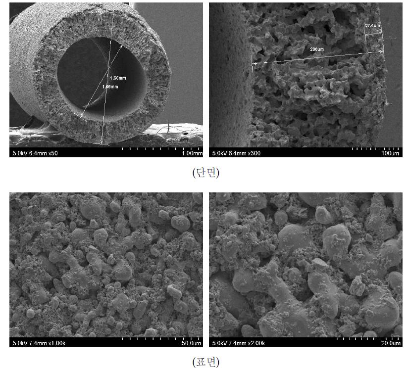 SUS316L 55wt%를 함유한 금속중공사 막의 SEM 사진