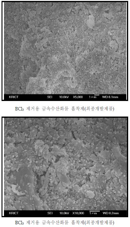 Fig. 11. BCl3 제거용 금속수산화물 흡착제 개발제품을 진공 몰딩하여 표면을 각 5,000배, 10,000배 확대하여 SEM으로 관찰한 모습.