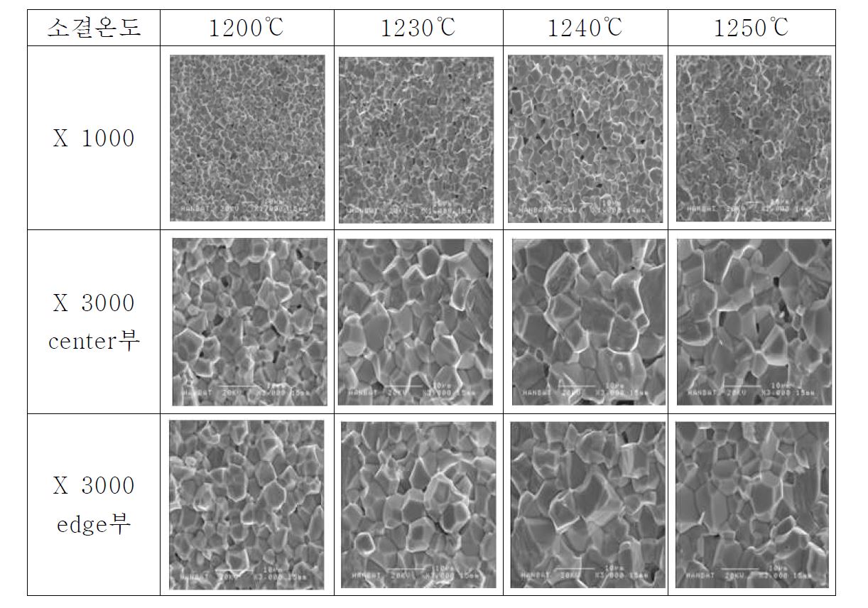 [소결온도와 위치별 미세구조]