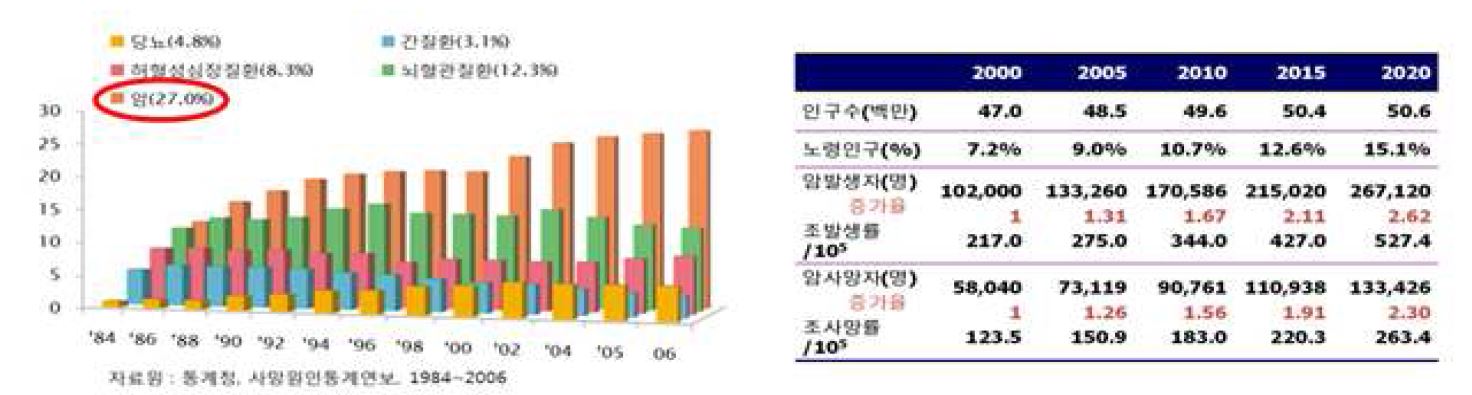 주요 질환 중 암이 차지하는 비율과 노령화에 따른 암 발생률의 증가