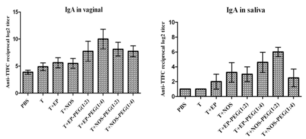 PEGylated 플라젤린의 마우스 모델을 이용한 3차 면역 후 mucosal sample에서의 항원 특이적 IgA 면역반응.