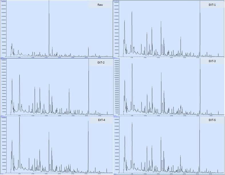 Fig. 18. Chromatogram of volatile flavor constituents from fresh and extruded Gastrodia elata.