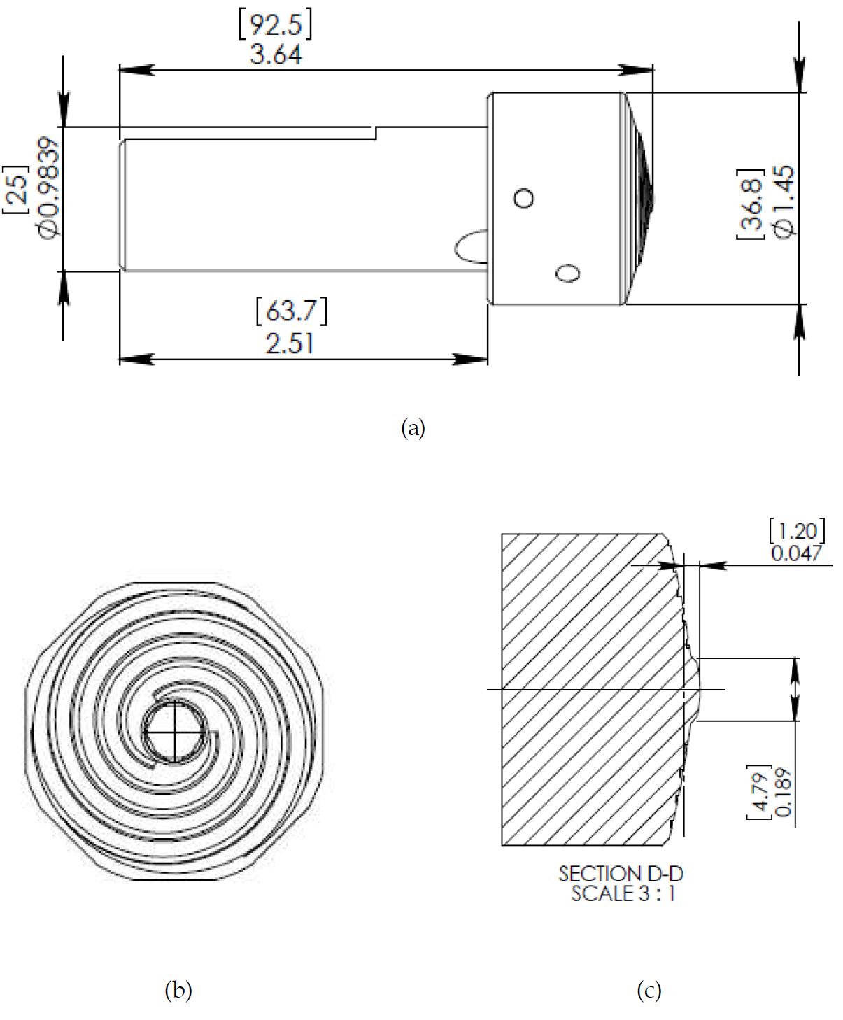 Dessin of the tool for welding of high melting point materials (a) side view (b) front view (c) details for probe and shoulder