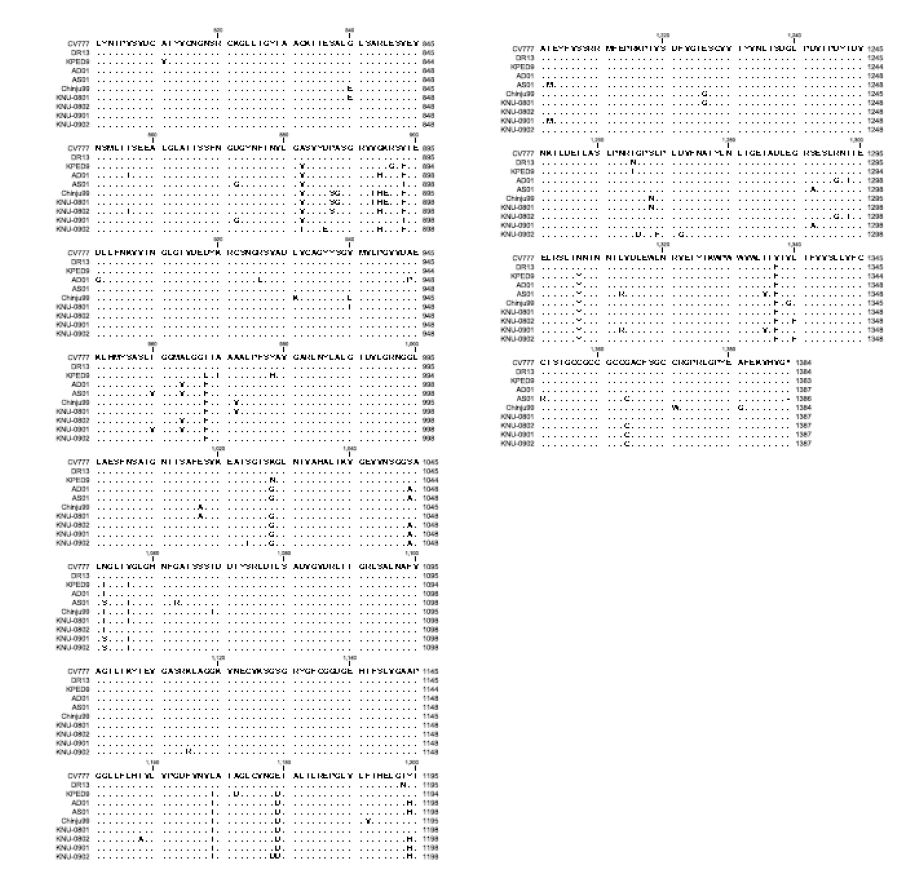 그림 2. 각 strain 별 spike protein의 amino acid sequence 비교 (계속)