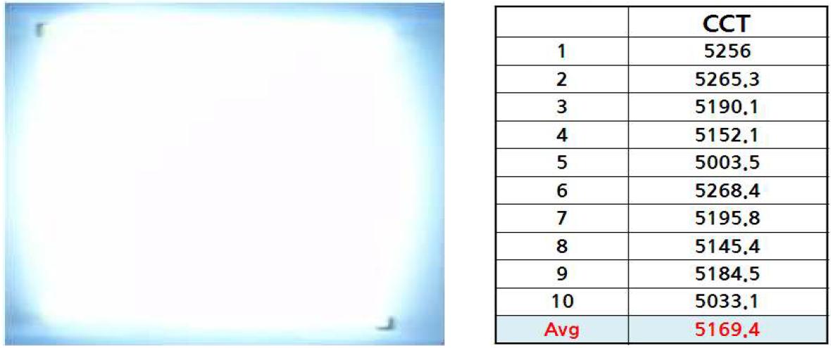 개발 패키지의 점등 사진과 Sample 10ea에 대한 색온도 측정 결과표