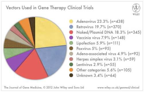 유전자치료 임상시험에 사용되고 있는 벡터(J. Gene Medicine, 2012년 자료)