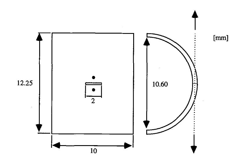 Specimen design: the spark-eroded crack has the dimension 0.2 by 2mm2. The filled dots represent the position of the welded measuring electrodes for potential drop. The arrows indicate the positioning of the applied load.