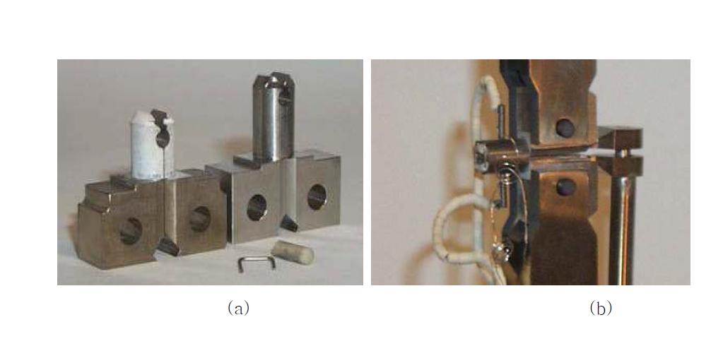 (a) PLT-fixtures for specimen length of 9 mm and 13 mm, (b) electrical connections for potential drop measurements on the PLT-specimen