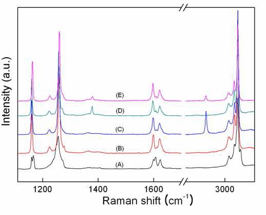하이드로퀴논 합성물의 라만 스펙트럼 : (A) α-구조 하이드로퀴논; (B) 빈 동공 구조 하이드로퀴논; (C) 메탄이 포접된 β-구조 하이드로퀴논 ; (D) 이산화탄소가 포접된 β-구 조 하이드로퀴논 ; (E) 이산화탄소/메탄이 포접된 β-구조 하이드로퀴논