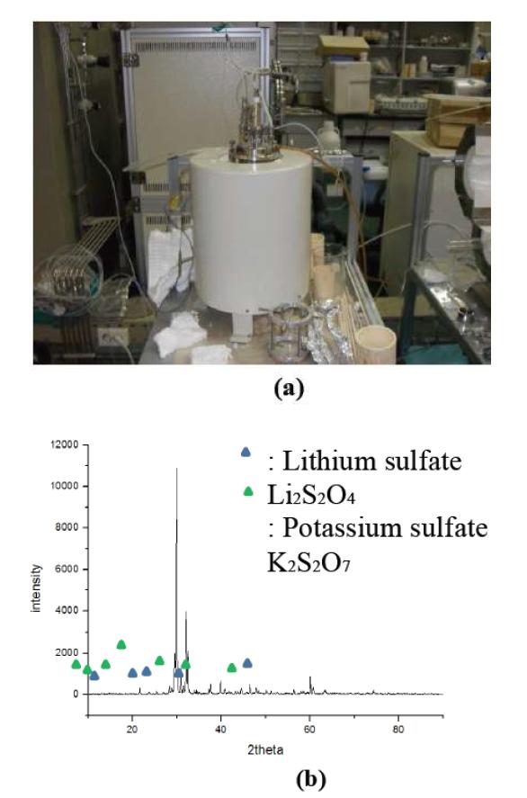 Out-of-cell test facility(a) and XRD analysis on electrolyte(b)