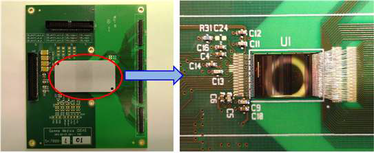 제작된 front-end card(FEC)의 모습(좌) 및 와이어 본딩이 된 Va1Ta ASIC 칩의 모습(우)