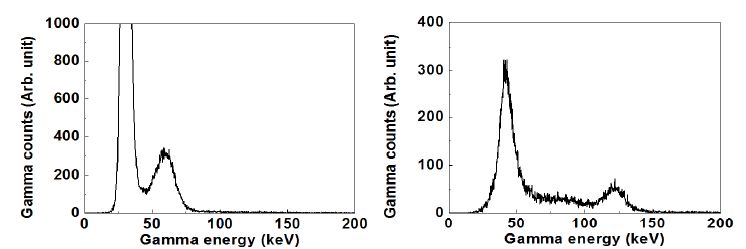 DSSD의 n-side 중 25th ch에서 측정한 241Am(좌), 57Co(우) 감마선원의 스펙트럼