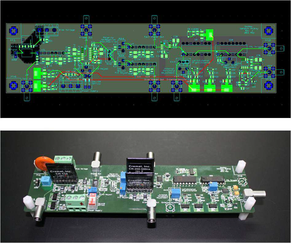 신호처리회로 PCB design(상)과 제작된 신호처리회로(하)