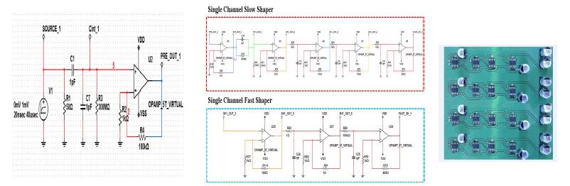 PMT로부터의 입력회로 및 resistive network 회로의 layout(좌) 및 5채널 전치 증폭기의 layout(우)