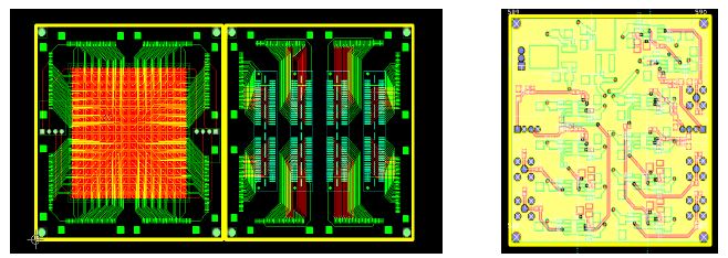 PMT로부터의 입력회로 및 resistive network 회로의 layout(좌) 및 5채널 전치 증폭기의 layout(우)