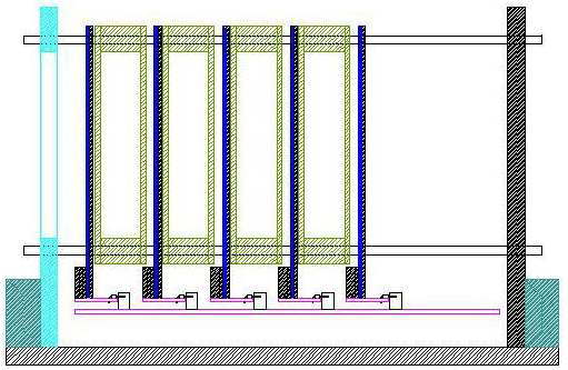 두 층 씩 겹쳐진 5층의 단위검출기와 4 층의 흡수체로 구성된 양성자 선량측정장치의 ACAD 설계도.