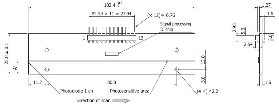 Hamamatsu model S8866-128 silicon photodiode[23]의 실측도면.