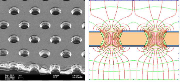 70 μm 두께의 양면으로 구리막이 도포된 캡톤(Kapton) 필름에 140 μm 간격으로 직경이 50 μm이 되도록 에칭 방법을 이용하여 일정한 이차원 구멍을 형성한 GEM 포일 한 장을 접사한 사진(왼쪽)과 GEM 구멍 내부에 형상된 전기장의 모양을 나타낸 그림(오른쪽).