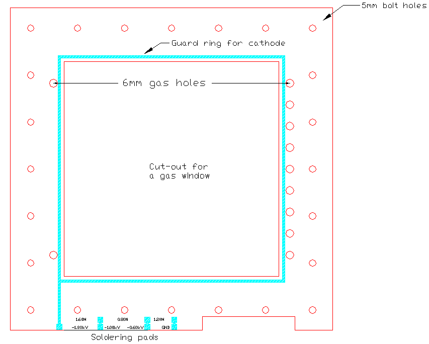 25 μm 두께의 알루미늄 코팅된 PET film을 부착할 cathode plate PCB 기판을 나타낸 그림.