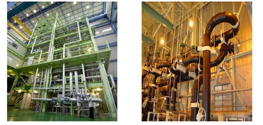원자력발전소 내 복잡한 배관설비(좌)와 교체된 고분자 배관(우)
