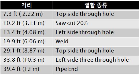 거리별 결함 위치 및 결함 종류