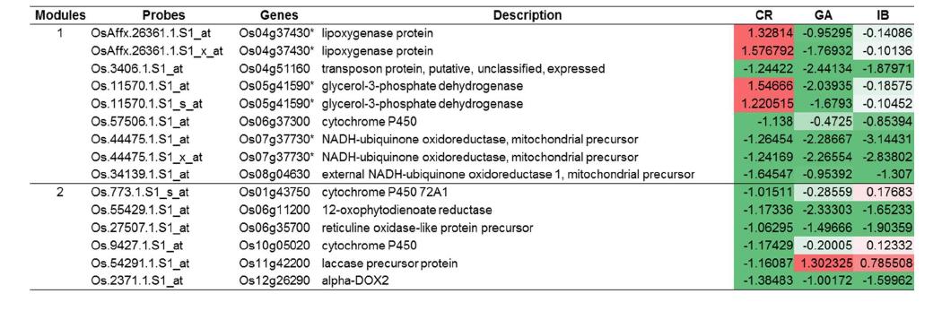 Expression levels of oxidoreductase activity-related genes in module 1 and 2