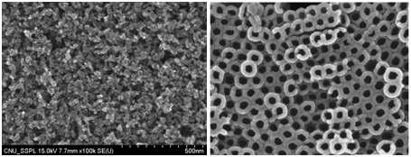 TiO2 나노입자 필름 (좌), TiO2 나노튜브 어레이 (우)