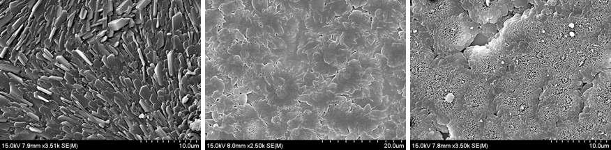 2μm 의 샘플에 대해 전자빔 조사 후 진공 내 가열된 FE-SEM 이미지 Pristine (좌), 240도 2시간 (가운데) 2.5 X 1015 340도 2시간 ,5.0 X 1015 340도 2시간 (우)