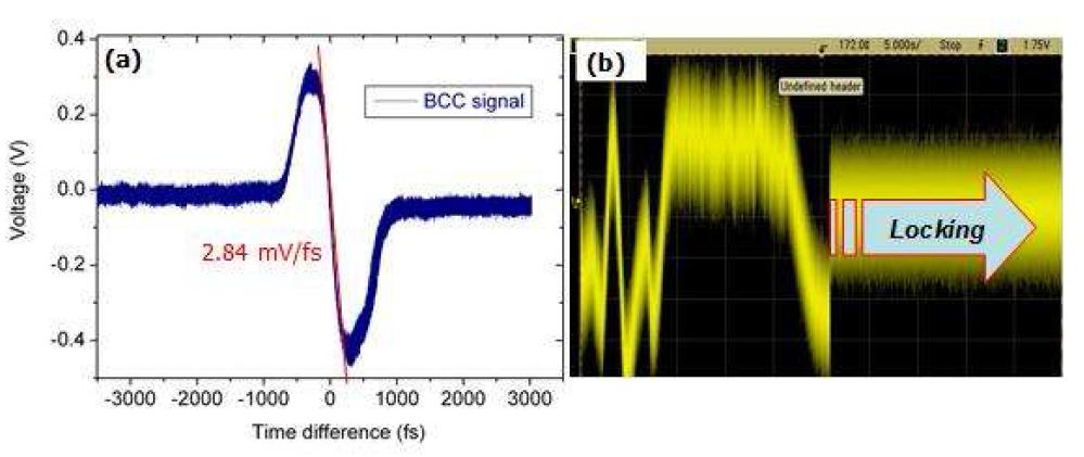 (a) Control signal (S-shaped curve) at 0.75 m using a 200 MHz repetition-rate source and (b) Locking process.