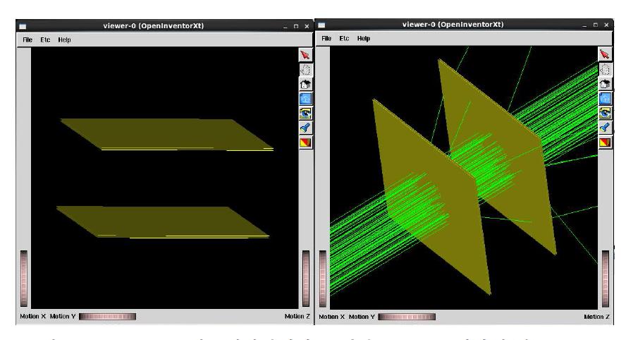 GEANT4 시뮬레이션에서 구현한 BC-408 섬광체(좌), 3 GeV 단일 에너지 뮤온 입자를 섬광체에 통과시킨 그래픽 화면(우)