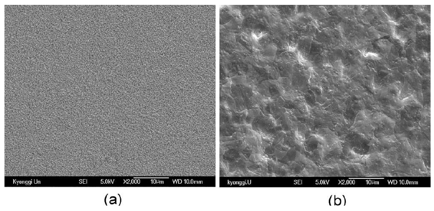 SEM micrograph of (a) Pd-Cu sputtering coating on nickel porous support, (b) reflowed Pd-Cu sputtering coating layer at 700 ℃ for 1 hr.