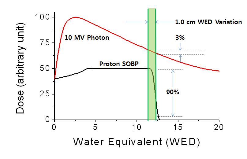 치료 깊이 오차에 따른 광자 및 양성자 빔의 선량 변화.