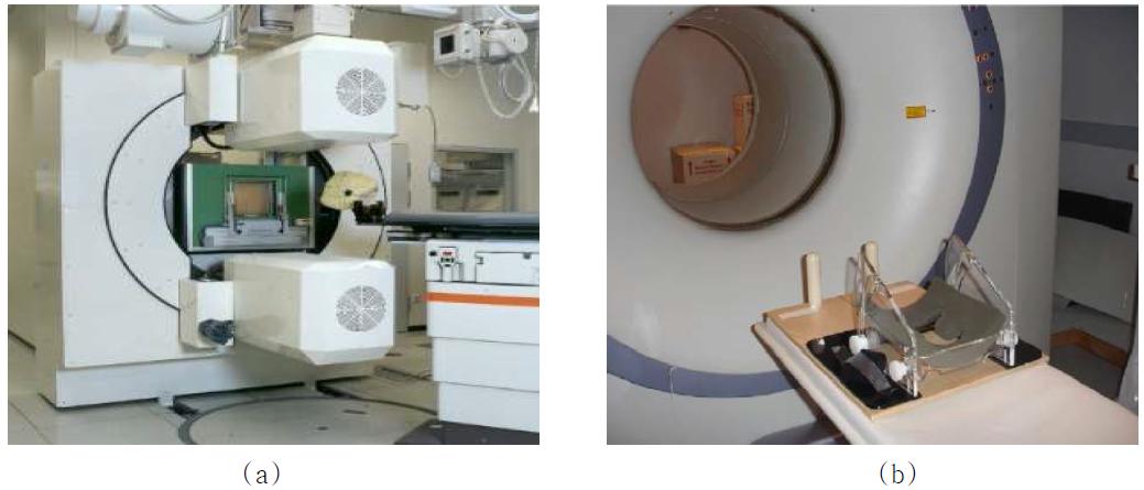 (a)GSI에서 개발한 In-Beam PET과 (b)MGH에서 사용되고 있는 Offline PET/CT.