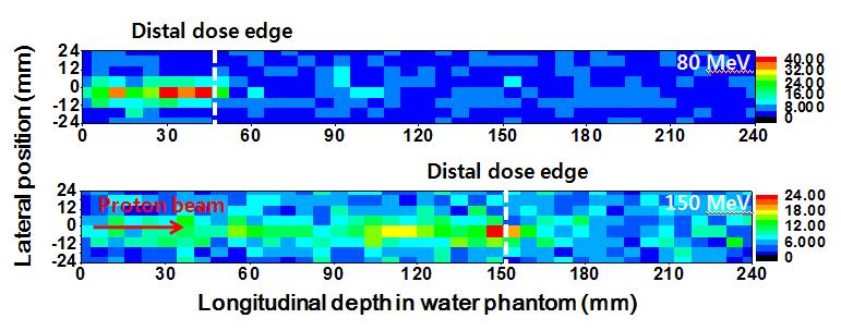 최적화된 고에너지 감마선 검출장치를 통해 측정된 80(위), 150(아래) MeV 양성자 빔에 대한 즉발감마선 2차원 분포 결과