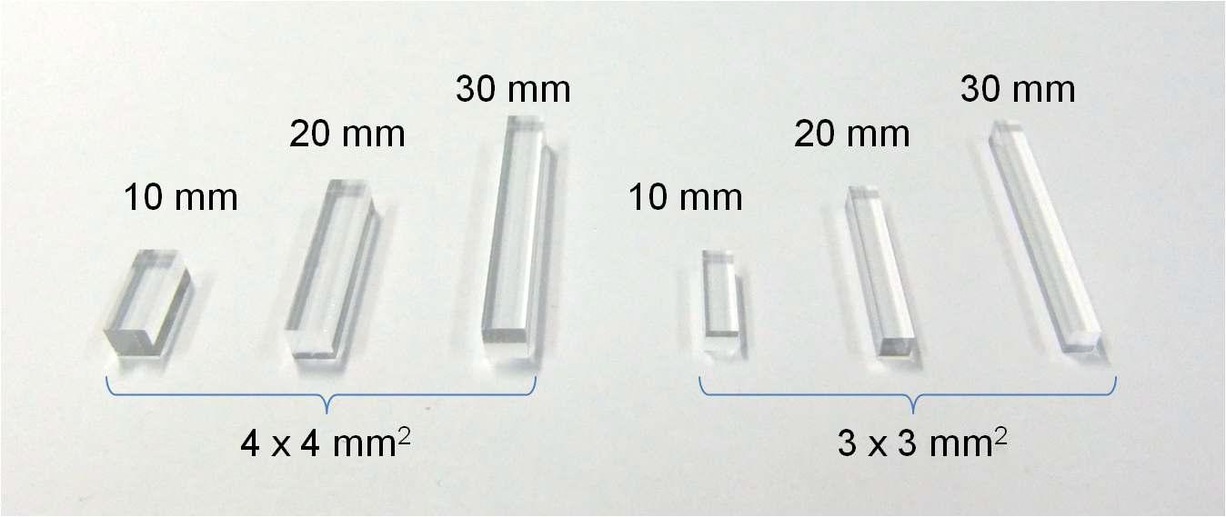 이번 연구에 사용된 다양한 크기의 LYSO 섬광결정체
