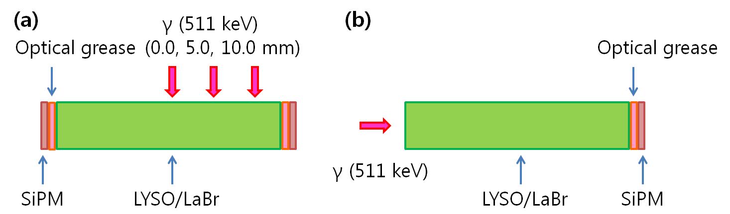 (a) 섬광결정 양단에 광전소자를 결합한 PET 검출기, (b) 511 keV광자가 섬광결정의 표면에서 반사되어 노란색 점으로 표시된 모양, (c) 섬광결정 한쪽에만 광전소자를 경합한 PET 검출기