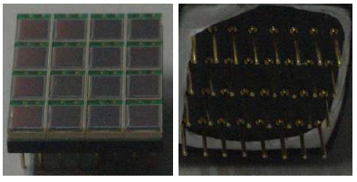 Hamamtsu사에서 개발한 MPPC s11064-050 모델 섬광결정 접합면 (좌)과 출력 핀 (우) 모양